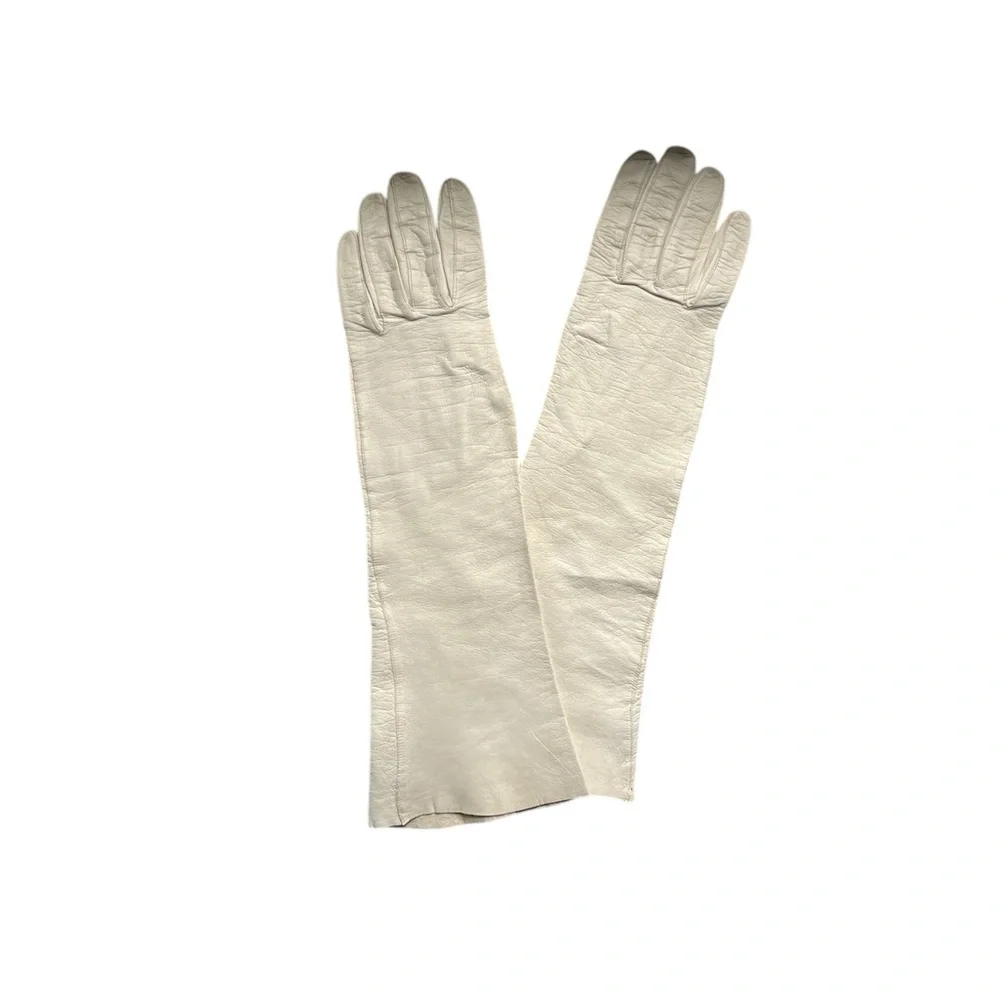 Vintage | Elegant Long Cream Off-white Leather Opera Gloves Small